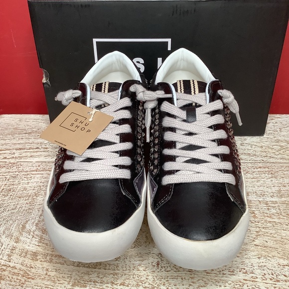 SHU SHOP NWT Sz 8 Ruby Studded Black Tie Sneakers Round Toes White Rubber Soles - Picture 4 of 13